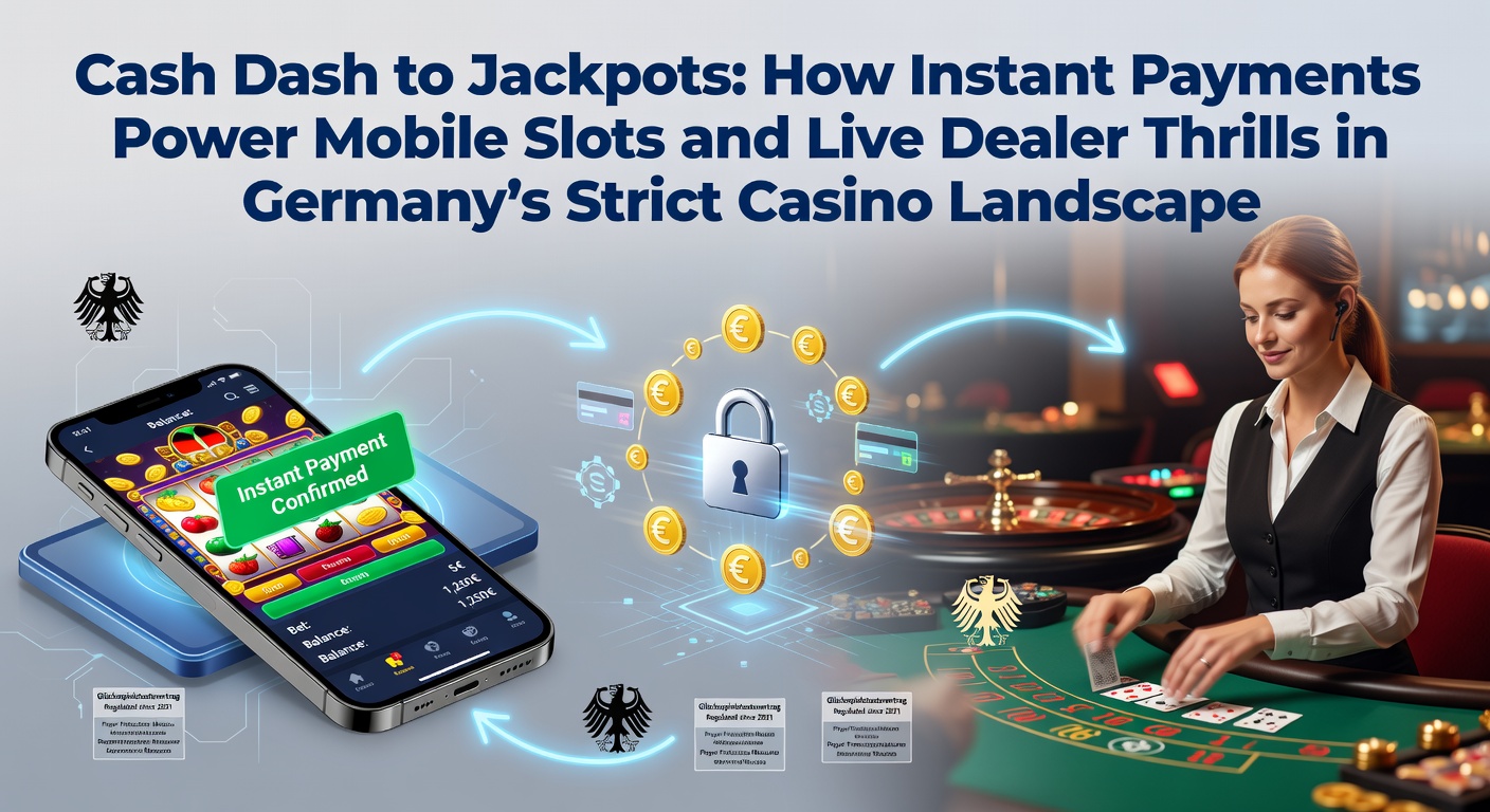 Smartphone mit laufendem Slot-Spiel und Blitzüberweisungssymbolen auf einem deutschen Casino-Hintergrund