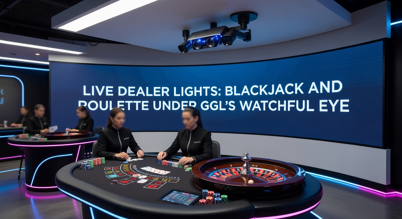Live-Dealer-Tisch mit Blackjack-Karten und Roulette-Rad unter studioartigen Lichtern, symbolisch für faire Spiele in regulierten Casinos