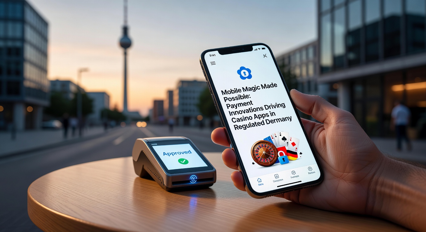 Smartphone mit Casino-App und Zahlungsikone auf dem Bildschirm, umgeben von deutschen Flaggen und Sicherheitsymbolen