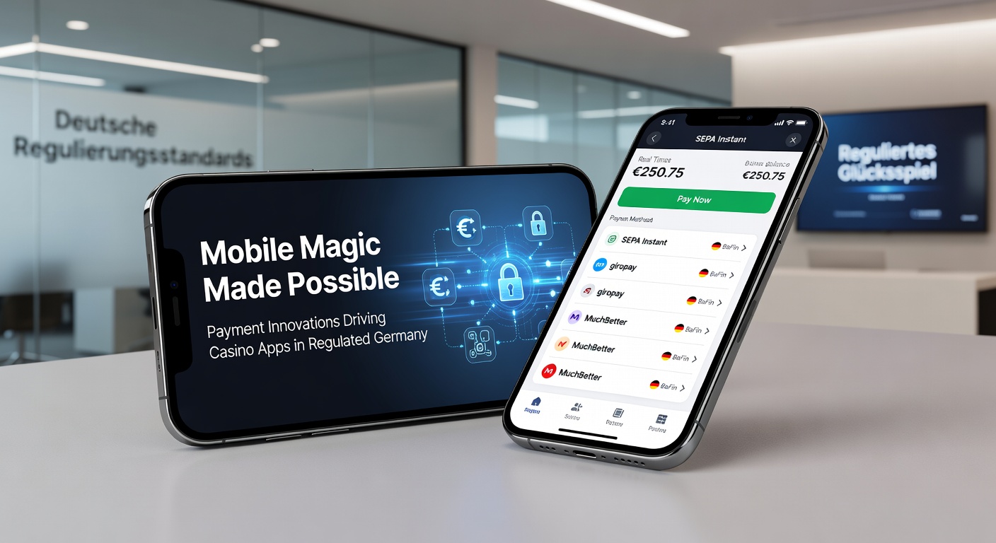 Grafik mit Zahlungsmethoden-Icons wie Apple Pay, Giropay und Klarna auf einem Casino-Slot-Hintergrund mit deutschen Regulierungs-Symbolen